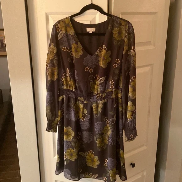 Loft Outlet Long Sleeve (sheer) dress. Size Large, Brown Floral pattern